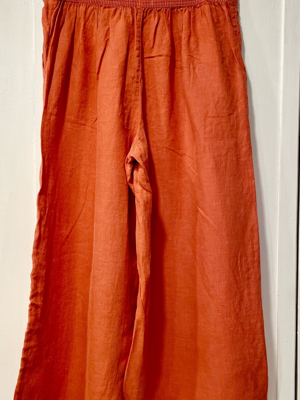 Tahari 100% Linen Coral Orange Wide Leg Crop Pants Elastic Back Waist Size L - Picture 5 of 9